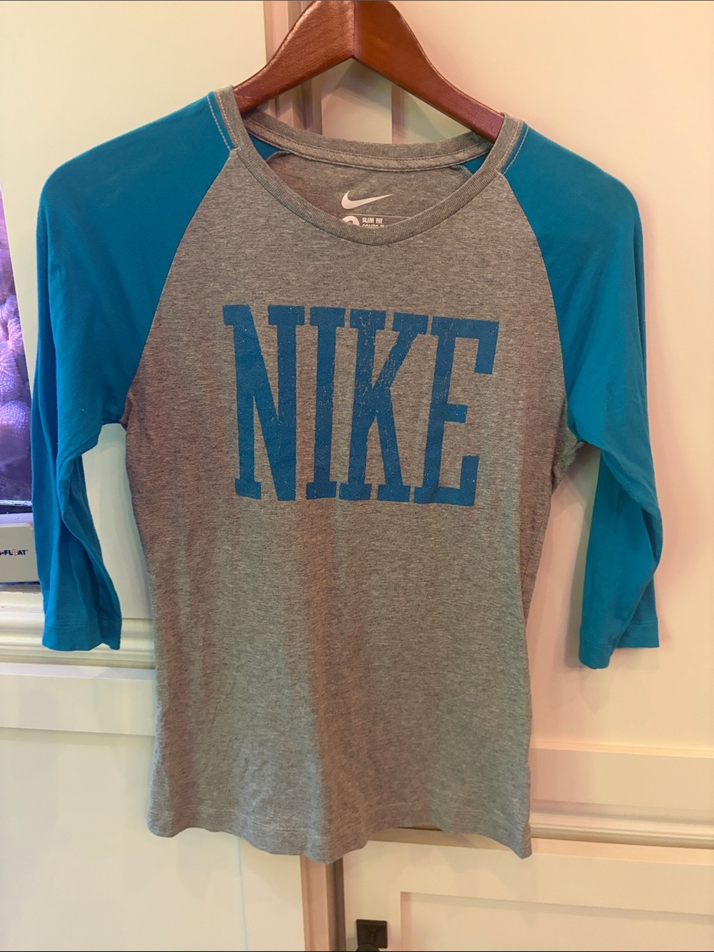 Nike Gray Tee with Bright Blue Raglan Sleeves